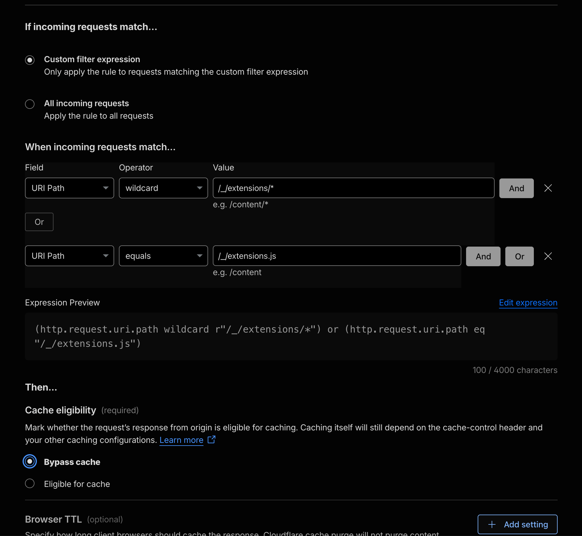 Cloudflare Cache Rule — bypass cache for /_/extensions.js and /_/extensions/*